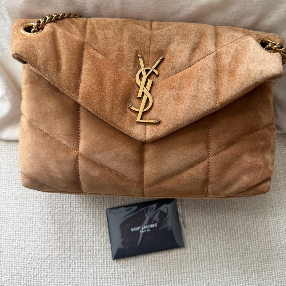 Saint Laurent Suede Small Puffer Flap Quilted Shoulder Bag in Brown Gold